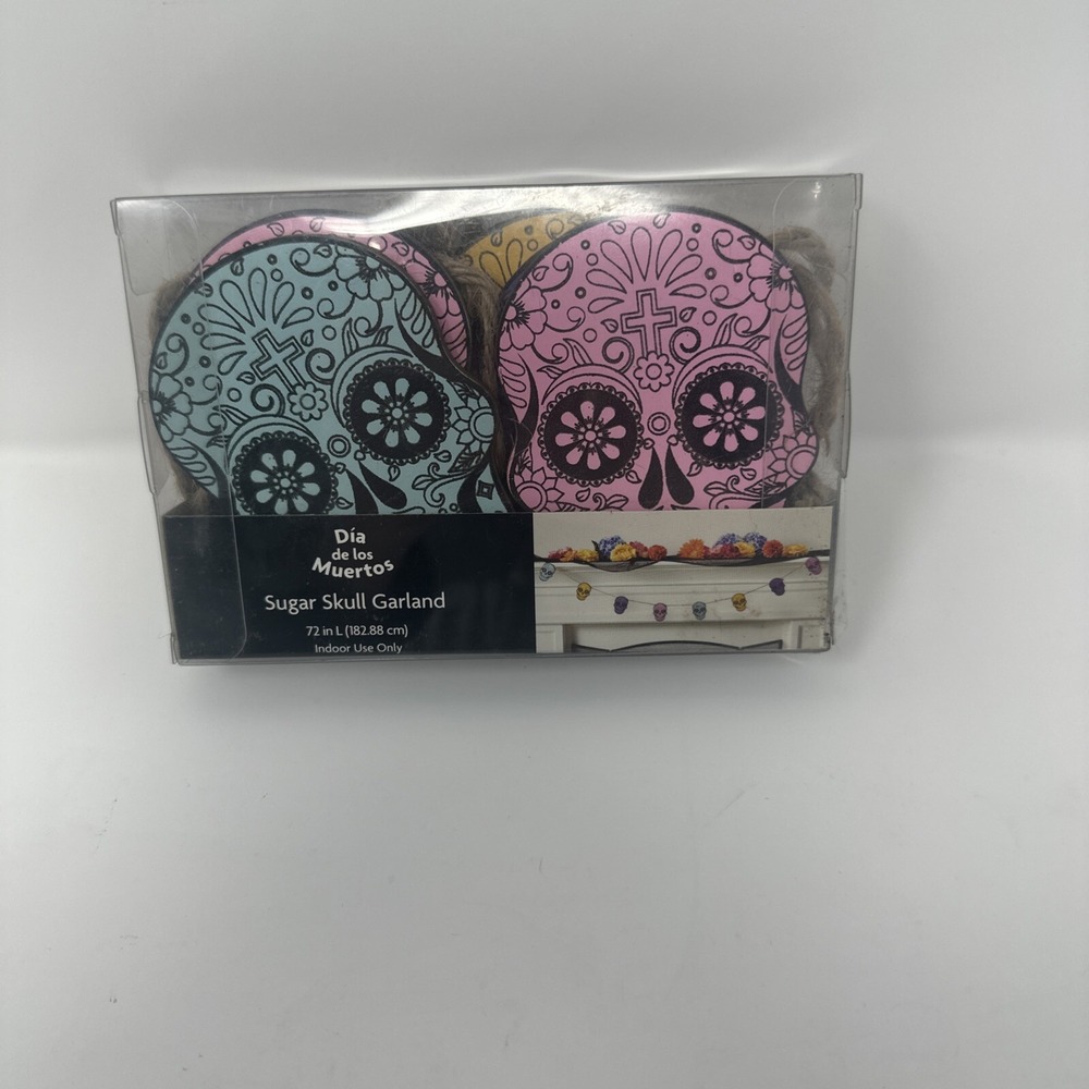 Sugar Skull Wooden Garland - 72in Long - 8 Skulls Connected With Twine - NEW
